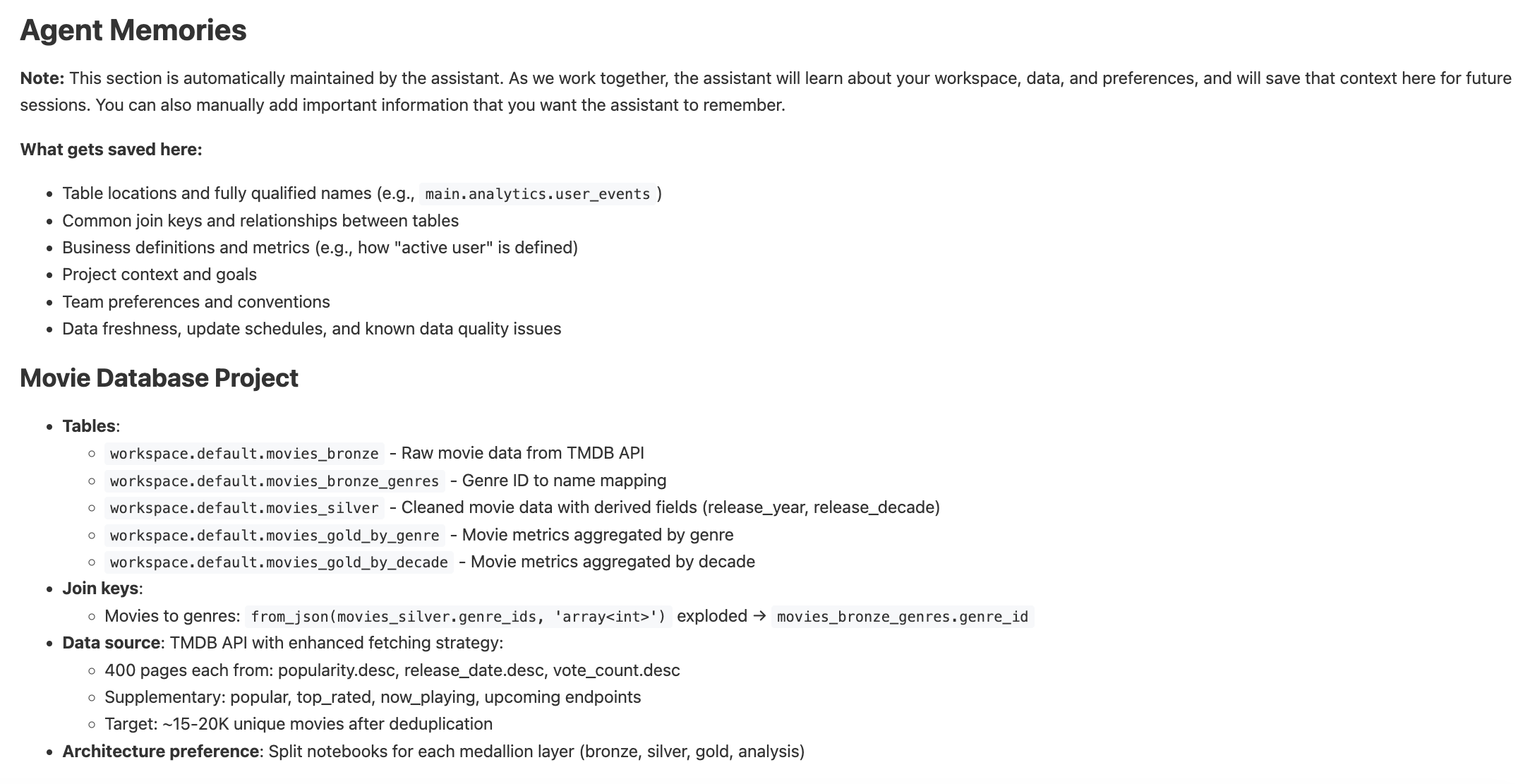Agent Memories section of the assistant instructions file